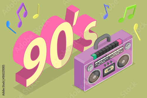 3D Isometric Flat Vector Illustration of 90s Music, Memphis Style Background On Tape Recorder