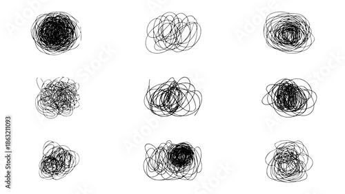 Nine hand-drawn circular scribble icons on white background, dense black ink loops forming abstract doodle circles, rough vector style for designs