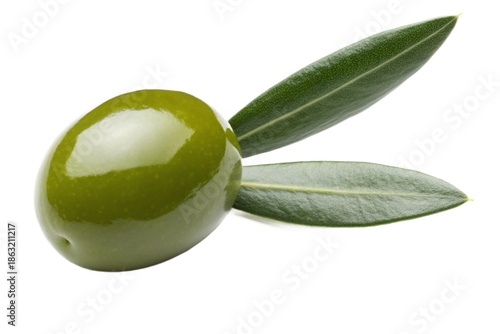 Single green olive with leaves isolated on white background