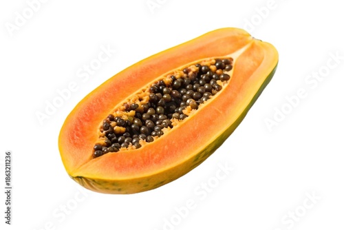 Halved papaya with seeds isolated on white background