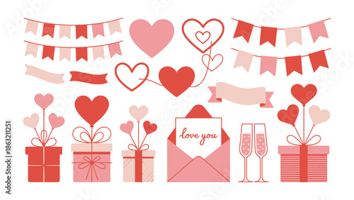 Valentine's Day Elements: A charming array of romantic elements including hearts, gifts, banners, and champagne glasses, perfect for conveying messages of love and affection.