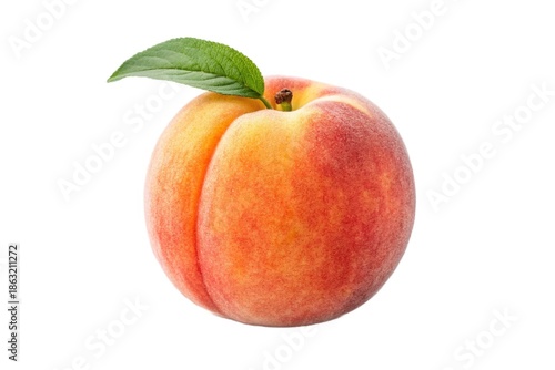 Single fresh peach with leaf isolated on white background