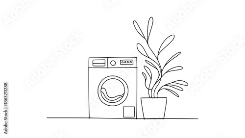 Minimal line art illustration of a washing machine beside a potted plant on a shelf, clean black outlines, simple home laundry scene with airy feel