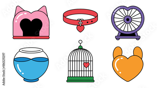 Pet Accessories Illustration: A charming assortment of essential accessories for pets. Each item, from a cozy house to a vibrant collar, is presented in a clean and appealing vector style.