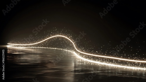 Glowing light trail curving across a reflective surface against a dark backdrop