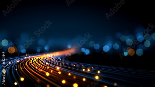 Glowing light trails curve across a dark blue backdrop with bokeh effects, symbolizing data flow