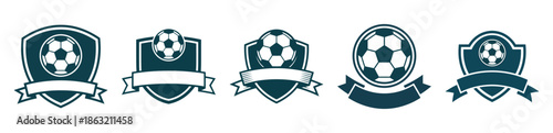 Five different soccer emblems in black and white with ribbon banners for team logos