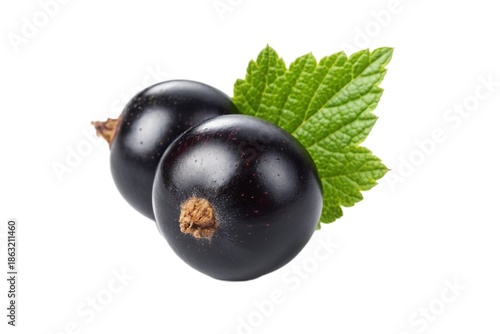 Two black currants with leaf isolated on white background
