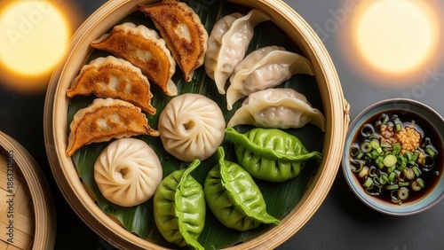 Assorted Chinese Dumplings in Bamboo Steamer with Dipping Sauce