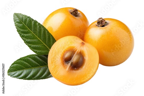 Three longan fruits with one cut open isolated on white background