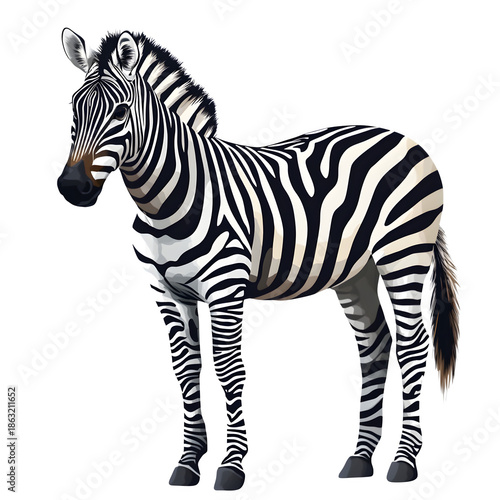 Zebra Standing on All Legs with Black and White Stripes, Mane, and Tail