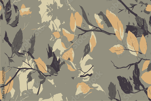 A seamless, camouflage-inspired pattern featuring leaves and tree branches in muted colors against a grey background.