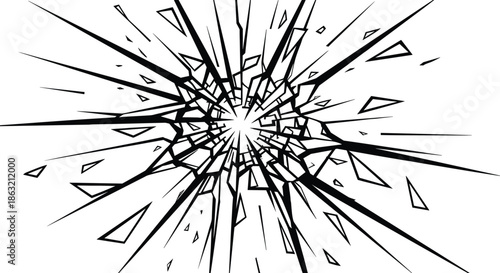 Shattered glass explosion silhouette with angular fragments, dynamic black-and-white impact illustration symbolizing force, chaos, and sudden change