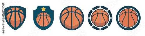 A set of five basketball logo variations with shield and circle frames