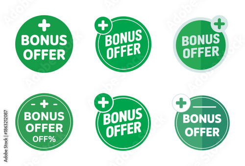 A collection of six green bonus offer stickers with different design variations for promotions