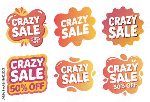 Set of six crazy sale badges with 50% off text for promotional advertising