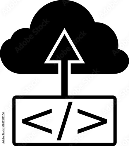 Cloud Code Deploy Icon - Black Silhouette for Software Development and Uploading