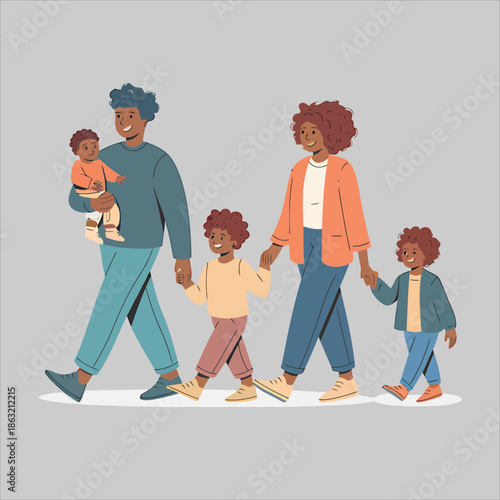 A diverse family of five, including parents and three children, walks together happily