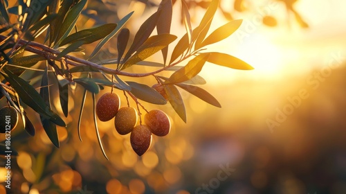 Olive tree branch with ripe olives during sunset in a warm landscape setting