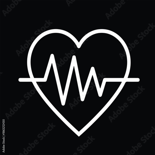 White heart outline icon featuring an active ECG line, representing human health, vital signs, medical care, and cardiovascular well-being against a clean black background