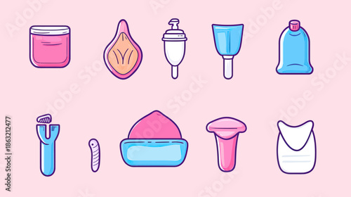 Menstrual Hygiene Products Collection with Tampons Pads Menstrual Cup Menstruation Care Feminine Intimate Health Flat Line Vector Icons Set