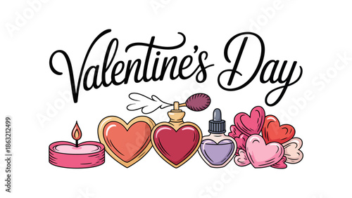 Valentine's Day Illustration: a romantic collection of heart-shaped perfumes, candle, and heart with valentine's day lettering that set the scene for the special occasion. 