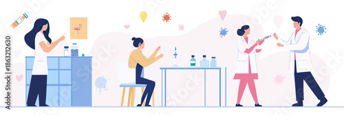 Medical staff preparing and administering vaccine injection to patient seated at clinic table in flat cartoon vector style with virus icons and syringe