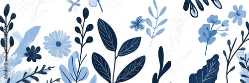 Seamless blue floral pattern with various hand drawn leaves and flowers in flat minimalist vintage vector style for background or textile design