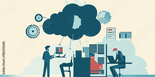 Cloud computing network infrastructure with data servers and two IT specialists working remotely on laptops digital storage technology concept in flat vector style