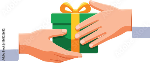 Two hands exchanging a green gift box with a yellow ribbon on a plain white background.
