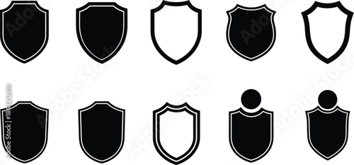 Set of Minimalist Shield Silhouettes and Icons for Security Branding, Heraldic Emblems, Award Badges, and Professional Logo Design, Various Protective Symbols Isolated on White Background, AI Generati