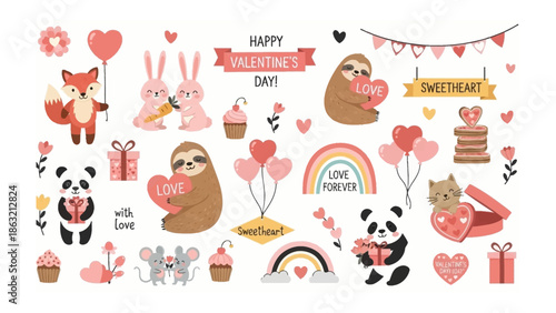 Valentine's Day Elements: A captivating array of Valentine's Day elements, including a spectrum of charming animals, hearts, rainbows, and delightful treats, evoke a sense of warmth and affection.
