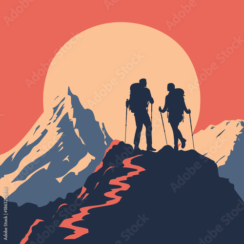 Silhouettes of two hikers with backpacks and trekking poles on mountain ridge at sunset with large sun and rugged peaks background minimalist flat vector illustration