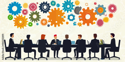 Diverse business team collaborating in office meeting with colorful interconnected gear wheels symbolizing teamwork process and cooperation concept