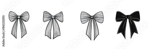 Set of four black and white decorative ribbon bow silhouettes with varied line art styles and shapes for gift wrapping and holiday decoration vector icons flat minimalist design