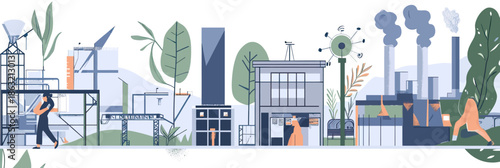 Industrial factory complex with chimneys emitting smoke, modern buildings, workers in safety gear, surrounding greenery, flat minimalist vector illustration