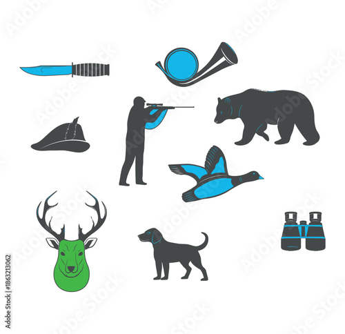 Hunter with dog observing wildlife in natural habitat from a distance using various equipment