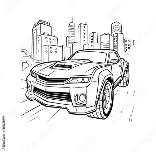 A sleek sports car speeds through a cityscape with tall buildings and skyscrapers in the background.