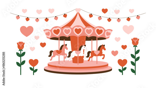 Carousel of Hearts: A charming illustration captures the whimsical essence of a carousel adorned with heart motifs and horses. This scene radiates joy and evokes feelings of nostalgia.