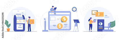 Online banking digital money transfer electronic payment transaction with mobile devices and computers flat vector illustration set