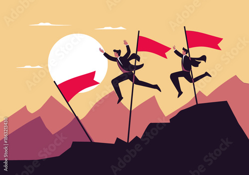Businessmen jumping over mountain cliffs holding red flags success achievement competition leadership concept flat vector illustration with sunrise background