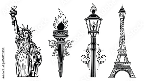 Iconic landmark silhouettes collection featuring Statue of Liberty, Eiffel Tower, decorative torch and vintage street lamp vector illustration, black outline