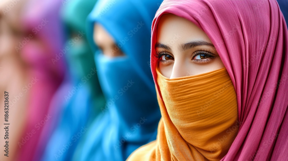 Naklejka premium Colorful Veiled Women Striking Eyes and Vibrant Hijabs in CloseUp.