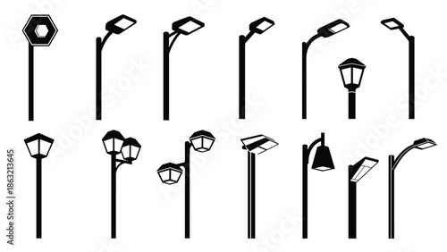 Modern street light silhouettes collection featuring urban lamp posts, LED roadway lighting designs, minimal black vector illustration set elements
