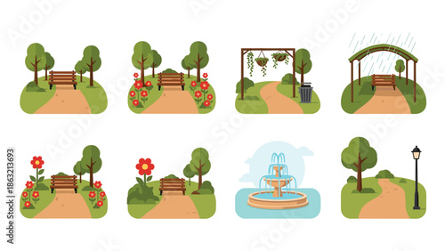 Park landscape illustration set, garden paths benches fountains trees scenes, colorful nature outdoor elements, flat design vector collection