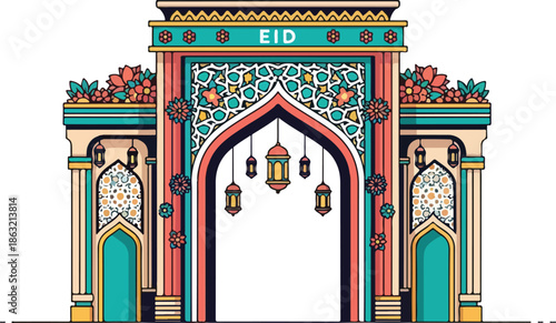 Digital illustration of a colorful Islamic archway with intricate patterns and lanterns on a white background, featuring the word 'Eid' in a festive and celebratory setting.