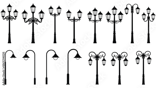 Vintage street lamp silhouettes collection, classic outdoor lighting designs, ornamental lamp posts set, urban decorative elements, black white vector illustration