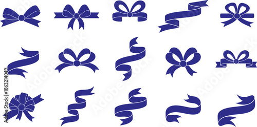 Set of Elegant Blue Ribbon Bows and Decorative Waving Banners for Gift Wrapping, Wedding Invitations, and Celebration Branding, Minimalist Silhouette on Transparent Background, AI Generative
