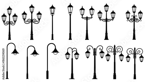Vintage street lamp silhouettes collection featuring classic ornamental lantern posts, urban outdoor lighting designs, black vector illustration set elements bundle
