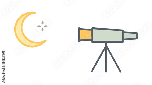 Vector icon of a telescope pointing at a thin crescent moon, representing moon sighting for Ramadan or Eid.
